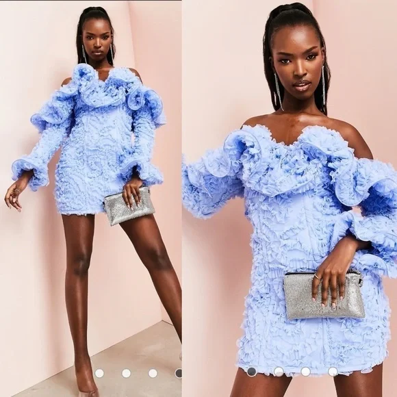 ASOS LUXE 3D Lace Ruffle Bardot Mini Dress in Blue - Picture 1 of 10